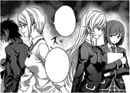 Alice intimidates Erina.png (522 KB) Ryō follows as Alice "greets" her cousin, Erina Nakiri. (Chapter 28)