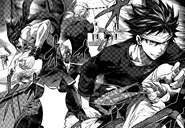 The TAE Finals.png (1.18 MB) Sōma, Ryō and Akira start the Autumn Election Finals. (Chapter 97)