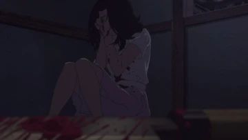 Miyokichi begging for forgiveness after stabbing Sukeroku in the true version of the story