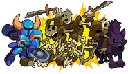 TrippleAttack.png (976 KB) Artwork of Shovel Knight attacking 4 Boneclangs and a Spinwulf.