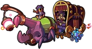 Bohto Wagon Pocket Dungeon.png (875 KB) Artwork of Puzzle Knight, Chester, and Shovel Knight on a Big Bohto caravan.