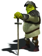 Shrek wearing a knight armor and sword
