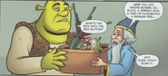 Merlin handing Shrek a box of items