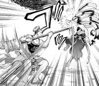 Buddha hits Zerofuku with the tip of his weapon