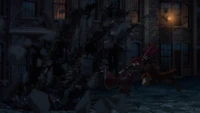 Heracles punches with Cerberus claws at Jack the Ripper
