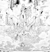Apollo relaxes in the fountain of his palace with some goddesses during Ragnarok