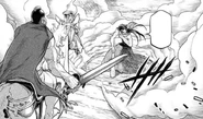 Ares, seeing Alcides get up, tells him to kneel to him to save his life, but Alcides refuses (manga)