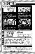 Character list page introducing Amarariruku Keheheh Kekerakera, Stigma, Talmu Mendoza and Doki, and civilian Iko Koishikawa, glossary for Heart-Shift Bracelets, and story synopsis