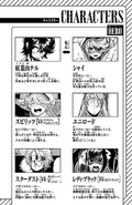 Character list page introducing heroes Shy/Teru Momijiyama, Unilord, Spirit (Pepesha Andreanova), Lady Black (Piltz Dunant) and Stardust (Davie Wonder John)