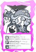 Paruko taking a shellfie with the Jack Bros.. Note the replies from Rhythm Masters and Eminem; and likes from jablinski, coolskeleton95, dailydosemd, and daftpunk. Used in the MOJO!! post "Tensions Rising ~ The Splatfest Isn’t Over!".