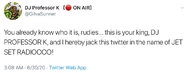 DJ Professor K announcing the start of the takeover on Twitter.
