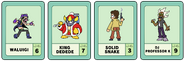 King Dedede's Pow Card – as seen in "Bravo, Johnny!" – accompanied by Pow Cards for Waluigi, Solid Snake, and DJ Professor K.