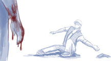 Storyboard of Travis reaching for the service pistol as the Butcher approaches him.