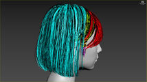 The hair behind the head, folded behind the ears, and bangs are respectively highlighted in different colors.