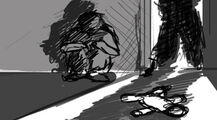 Storyboard of young Travis' teddy bear in front of the Butcher's silhouette.