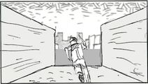 Story reel animatic of Travis sprinting to the end of the alleyway.