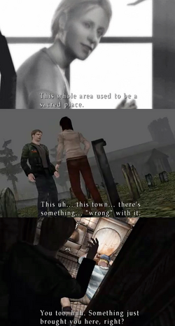 Cutscenes in Silent Hill 2, showing how Silent Hill was once a sacred place, but the spiritual power became twisted and now it often calls to people with darkness in their hearts.
