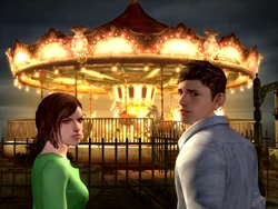 Eric looking over his shoulder as he and Tina stand in front of the Happy Carousel.