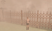 Heather in front of closed gates of the park in Silent Hill 3.