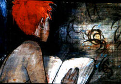 Lauryn searches her  for a key to decipher some symbols.