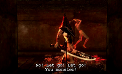 Pyramid Head lifting Jessie with one arm, showing his incredible strength.