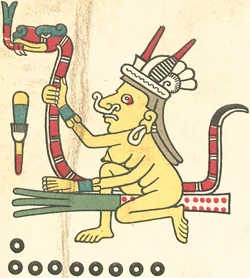 Tlazolteotl riding a snake and a broom, symbols (respectively) of sexual appetites and ritual cleansing in Codex Fejérváry-Mayer.