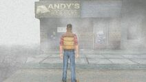 Travis Grady in front of Andy's Books in Silent Hill: Origins.