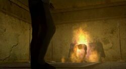 Henry watches Jasper burn to death.