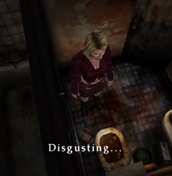 Maria examining the toilet with the wallet.
