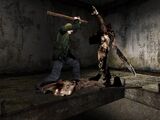 James using the wooden plank against Pyramid Head.