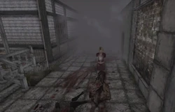 Maria shooting a Lying Figure outside the Baldwin Mansion.