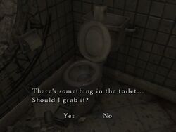 Henry notices something in the toilet.