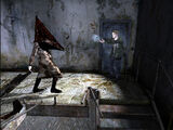 James facing Pyramid Head for the first boss battle in Silent Hill 2.