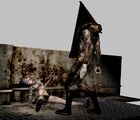 The backstage shot of Pyramid Head trying to drag Bubble Head Nurse.