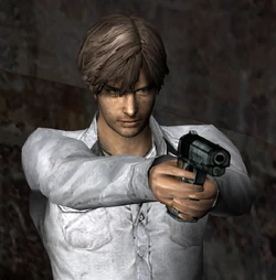Henry with a handgun in Silent Hill 4.