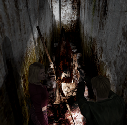 Pyramid Head chasing Maria in the hospital basement.