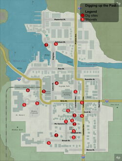 A map of dig sites and shovel locations.