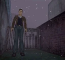 Harry in Silent Hill's alleyway.