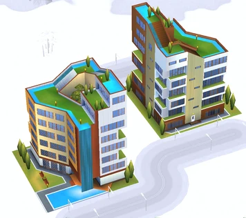 Front and Back view of buildings with the same design, different colors