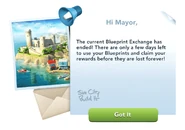 Letter that Blueprint Exchange has ended.