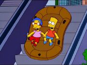 Bart and  going down an escalator in an inflatable raft, an example of the reckless activities Bart encourages