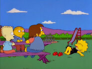 Wendell and his friends looking at Lisa Simpson who lays flat on the ground after she fell off her shoes.