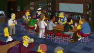 Apu at Moe's Tavern with Snake, Disco Stu, Captain McCallister, Carl, Lenny, Comic Book Guy, Frink, Kirk, Herman and Skinner