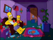 Homer e Bart vendo televisão com o volume bem alto.
