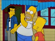 Homer's hand is on Bart's shoulder but also attached to his arm