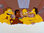 Homer and his friends singing in a boy's room in Springfield Elementary School