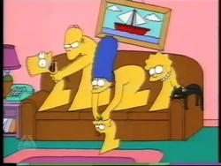 Homer strangling Bart in a BBC2 TV ident.