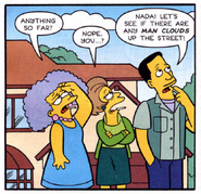 John, Selma, and Edna checking the skies after Kent Brockman forecasts "It's Raining Men."