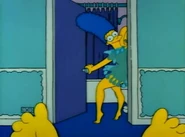 Marge modeling one of her dresses from the bathroom.