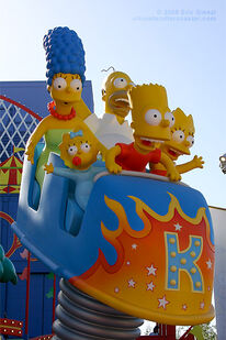 Marge and the rest of the Simpsons at the Simpsons Ride